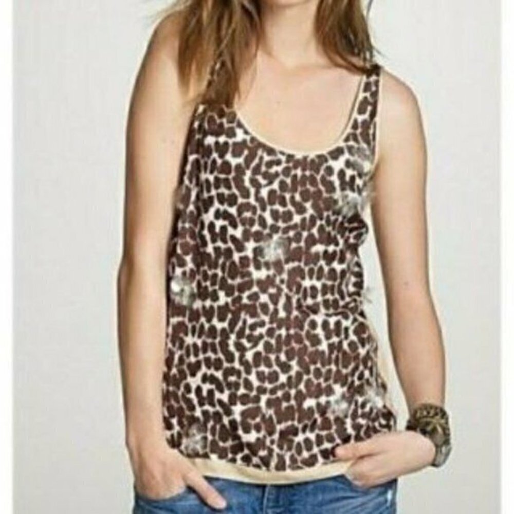 J.Crew Crew Neck Silk Tank‎ Top Animal Print Embellished Sleeveless Size 6
